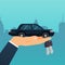 Car seller hand holding key to buyer. Selling, leasing or renting car service. Flat design modern vector illustration concept.