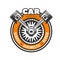 Car service icon with wheel and crossed pistons