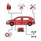 Car Service Infographics set Icons for Web Site, Advertising like tow truck, Battery, Oil and diagnostics laptop. isolated vector