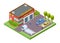 Car service location. Isometric service building, vector tow truck, tire fitting illustration