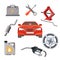 Car service set. Red automobile and working equipment around. Vector