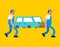 Car service workers carry car. Cartoon vector