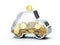 Car shape piggy bank with dollar coins. Money box, saving money, save up for a car concept