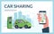 Car sharing. The electric car charges the battery using the charging station, order the car through the app. Vector