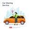 Car sharing illustration concept. online taxi or rent transportation using smartphone service application with character and route