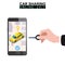 Car sharing isometric. Hand hold key smartphone screen with city map route and points location yellow car. Online mobile