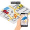 Car sharing isometric. Hand hold smartphone screen with city map route and points location blue car. Online mobile