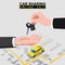 Car sharing isometric. Hand transfers car keys to another hand with city map route and points location yellow car