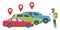 Car sharing. Man looking for vehicle with smartphone app. Rent car online