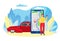 Car sharing mobile app, vector illustration. Online phone servise for rent transport and find it on map. Man with