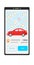 Car sharing mobile application. Phone screen with nearest car on the map. Buttons reserve and start. Carsharing information about