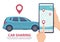 Car sharing. Rent car online mobile app web page concept. Vector find vehicle on map illustration. Blue automobile