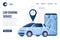 Car sharing service background template. Landing page with vehicle for a short time. Modern car and smartphone with app