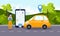 Car sharing service concept with positive businesswoman, telephone app, yellow car.