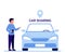 Car sharing service, rent, lease auto. Man with smartphone standing near car. Mobile app for share driving. Vector
