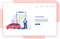 Car sharing service website template with automobile, man standing beside giant smartphone with city map on screen and