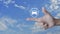 Car with shield flat icon on finger over blue sky with white clouds, Business automobile insurance concept