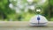 Car with shield flat icon on wireless computer mouse on wooden table over blur green tree in park, Business automobile insurance o