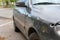 Car shot during the war in Ukraine. Sedan with bullet and shrapnel holes all along the length of the car. Shooting of civilians by