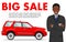Car showroom. Big sale. Manager sells new automobile. Detailed illustration of african american businessman and red auto