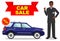 Car showroom. Big sale. Manager sells new automobile. Detailed illustration of businessman and auto on white background in fla