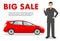 Car Showroom. Big sale. Manager sells new automobile. Detailed illustration of businessman and red auto on white
