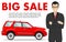 Car showroom. Big sale. Manager sells new business class automobile. Detailed illustration of businessman and red auto on white ba