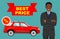 Car showroom. Big sale. Smiling manager sells new business class automobile. Detailed illustration of african american