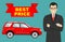 Car showroom. Big sale. Smiling manager sells new business class automobile. Detailed illustration of businessman and