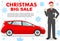Car showroom. Christmas and New Year big sale. Manager in the Santa Claus hat sells new automobile. Detailed
