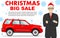 Car showroom. Christmas and New Year big sale. Manager in the Santa Claus hat sells new automobile. Detailed