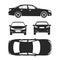 Car silhouette icons four all view top side back insurance, rent damage, condition report form blueprint