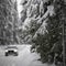 Car on a snowy winter road amid forests
