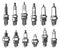 Car spark plugs types, isolated vector icons