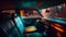 Car speed drive on the road in night city. Retro wave neon noir lights color toning
