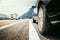 Car is standing on the breakdown lane, asphalt and tyre, Italy