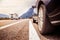 Car is standing on the breakdown lane, asphalt and tyre, Italy