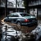 Car stuck in flood waters - ai generated image