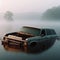 A car submerged in water against the background of fog.