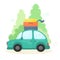 A car with suitcases on the roof goes on a trip. Vector illustration in cartoon flat style.