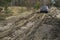 Car on swamp dirt road. Off road trip