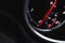 Car tachometer with glowing red indicators close-up view, of luxury dashboard in sport car
