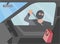 Car thief trying to break into a car with shopping bag, view from inside car flat illustration editable vector