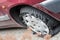 Car tire completely damaged after leak and continue driving. Tire blowout defect failure