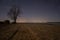 Car tire footprint on the sandy driveway by the lake. A lone tree on the shore of a lake in the starry sky with a small northern