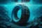 Car tire under the sea Pollution Illustration, Ocean Plastic Ecology Problem, Generative AI