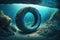Car tire under the sea Pollution Illustration, Ocean Plastic Ecology Problem, Generative AI