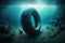 Car tire under the sea Pollution Illustration, Ocean Plastic Ecology Problem, Generative AI