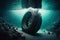 Car tire under the sea Pollution Illustration, Ocean Plastic Ecology Problem, Generative AI