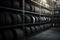 car tires arranged neatly on a warehouse shelf